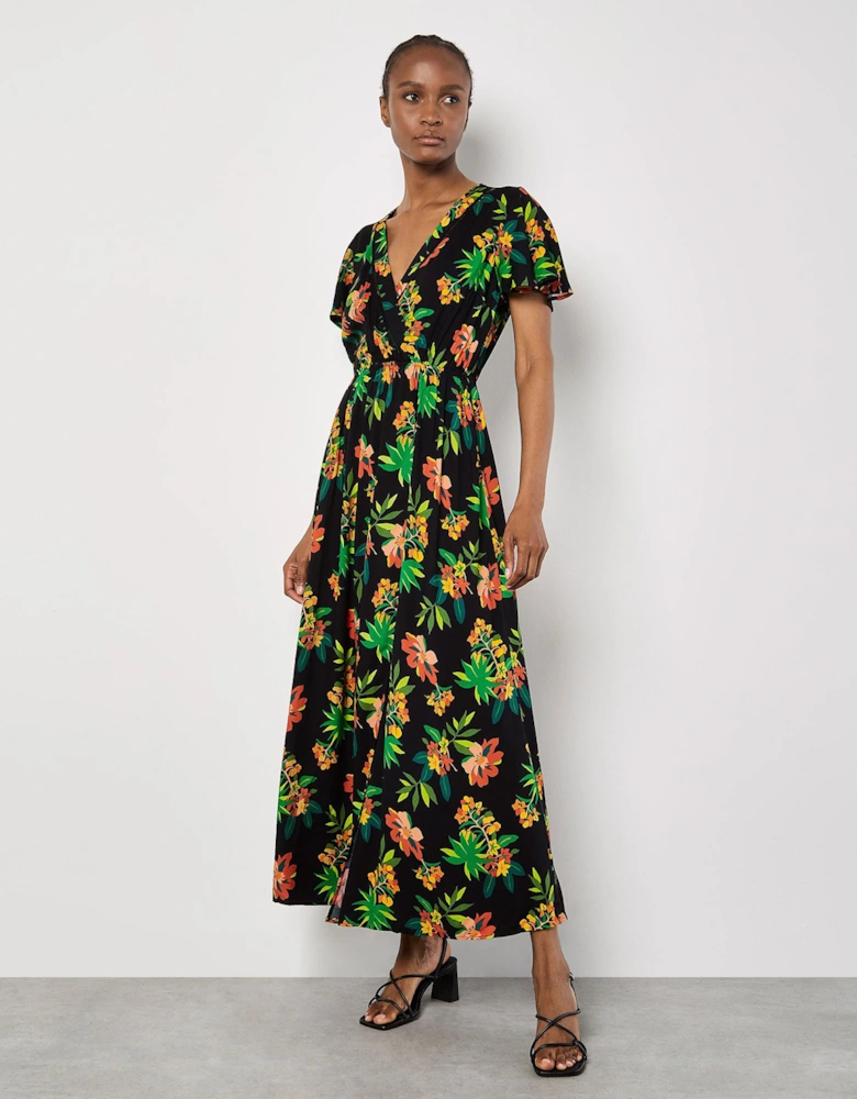 Tropical Print Wrap Maxi Dress