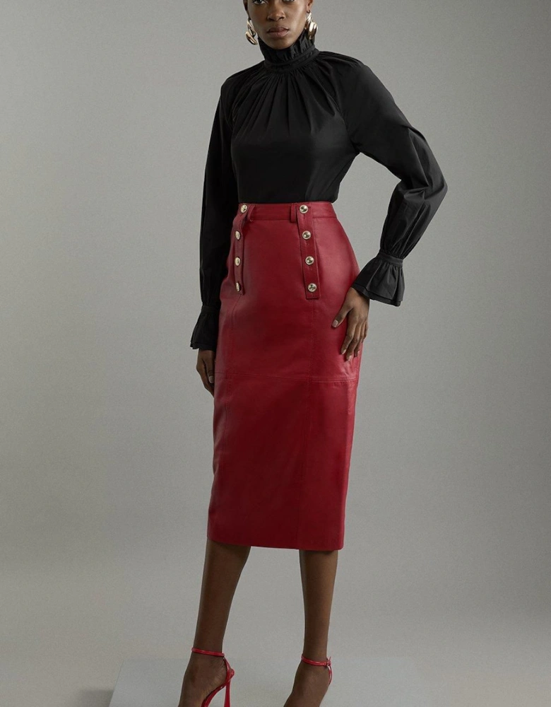 Leather Military Button Pencil Midi Skirt