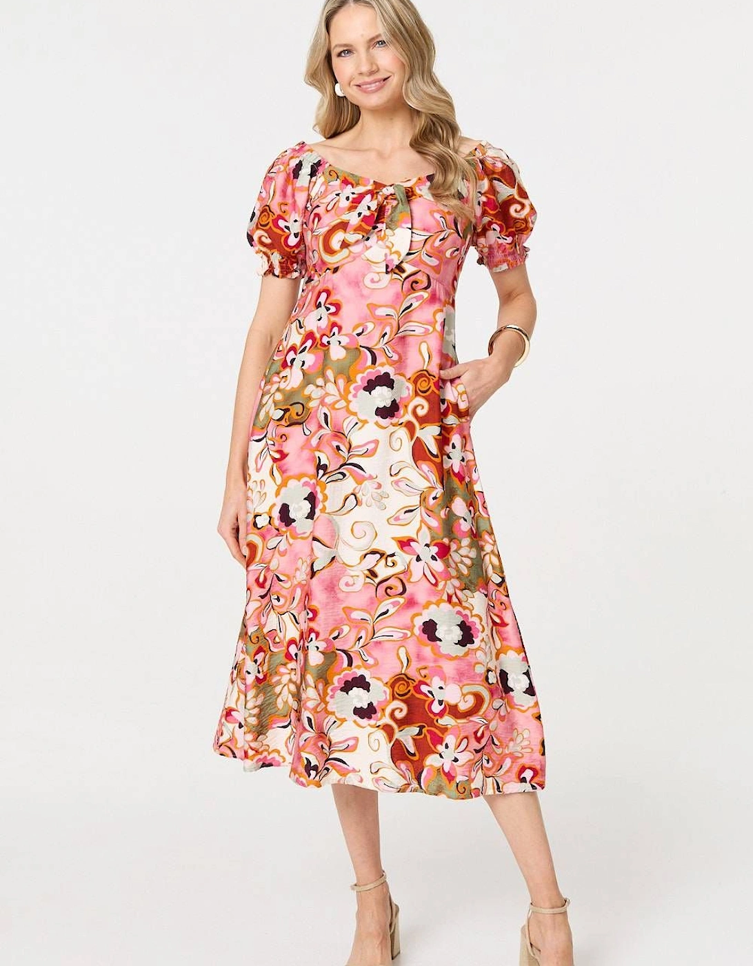 Floral Tie Neck Puff Sleeve Midi Dress, 2 of 1