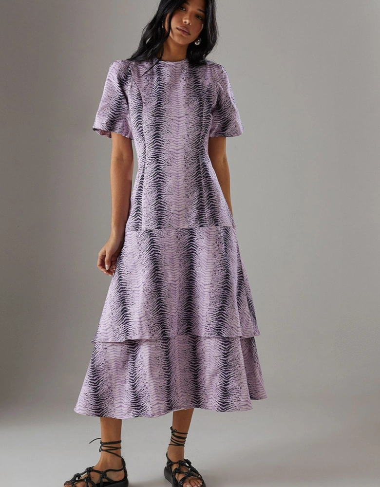Animal Twill Puff Sleeve Ruffle Hem Midi Dress