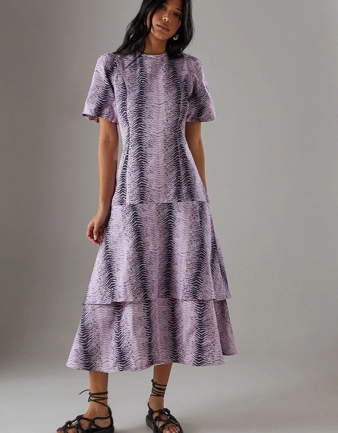 Animal Twill Puff Sleeve Ruffle Hem Midi Dress, 2 of 1