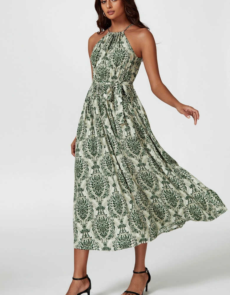 Green & Beige Floral Print Tie Halterneck Maxi Dress
