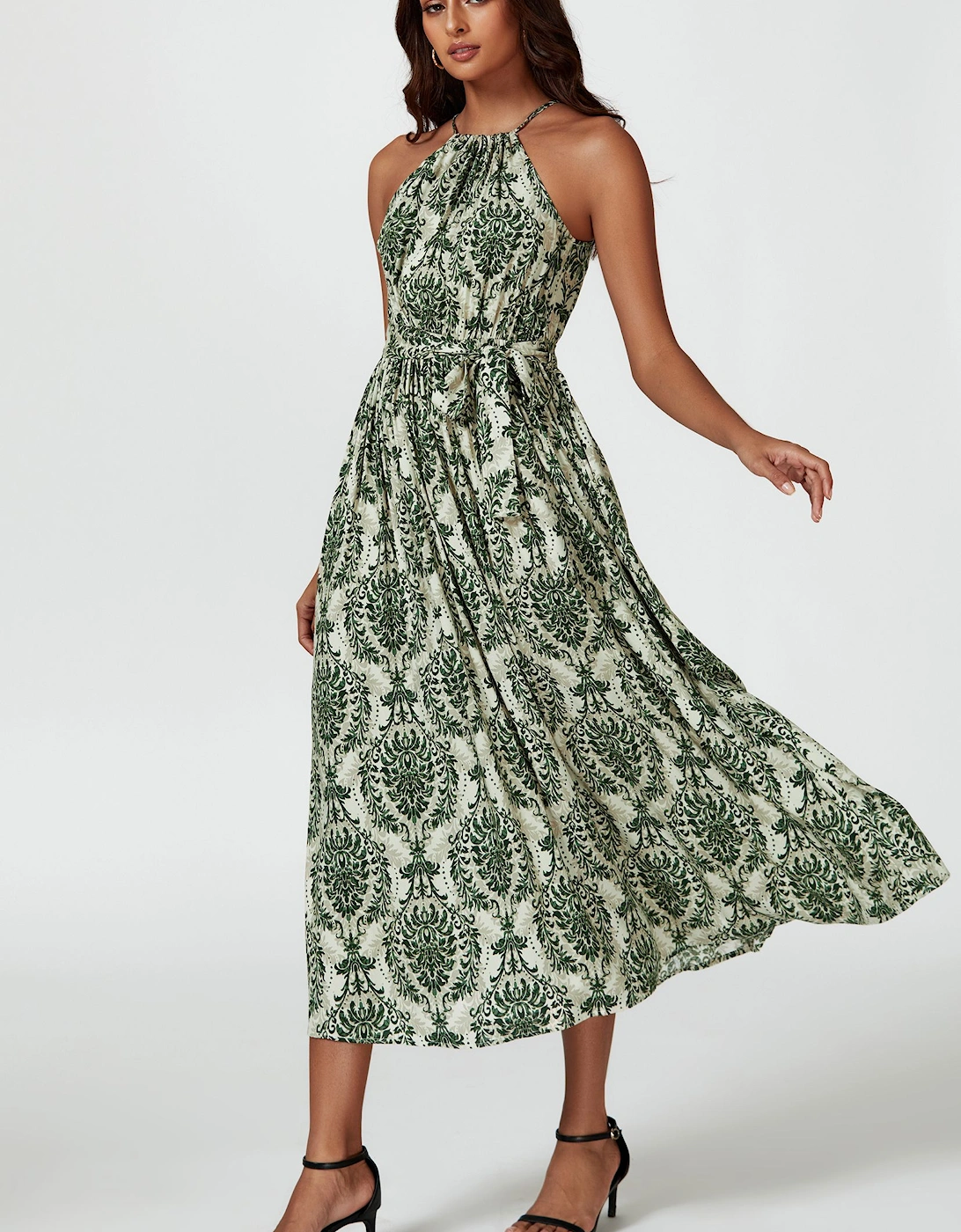 Green & Beige Floral Print Tie Halterneck Maxi Dress, 2 of 1