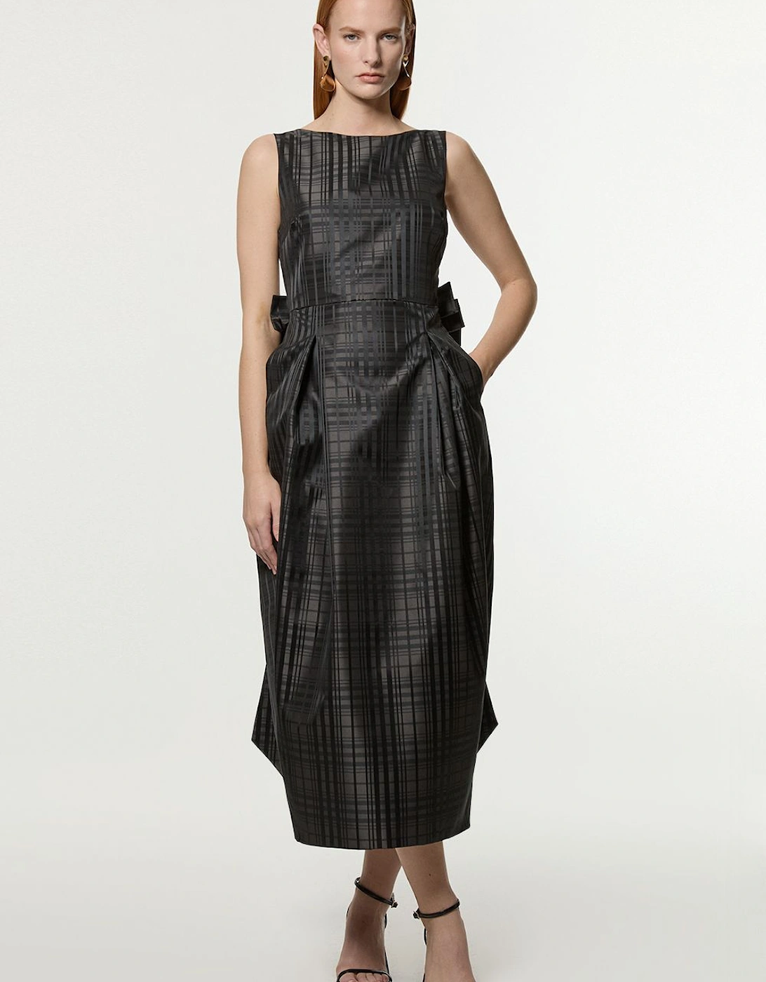 Petite Taffeta Check Bow Detail Tailored Maxi Dress, 2 of 1