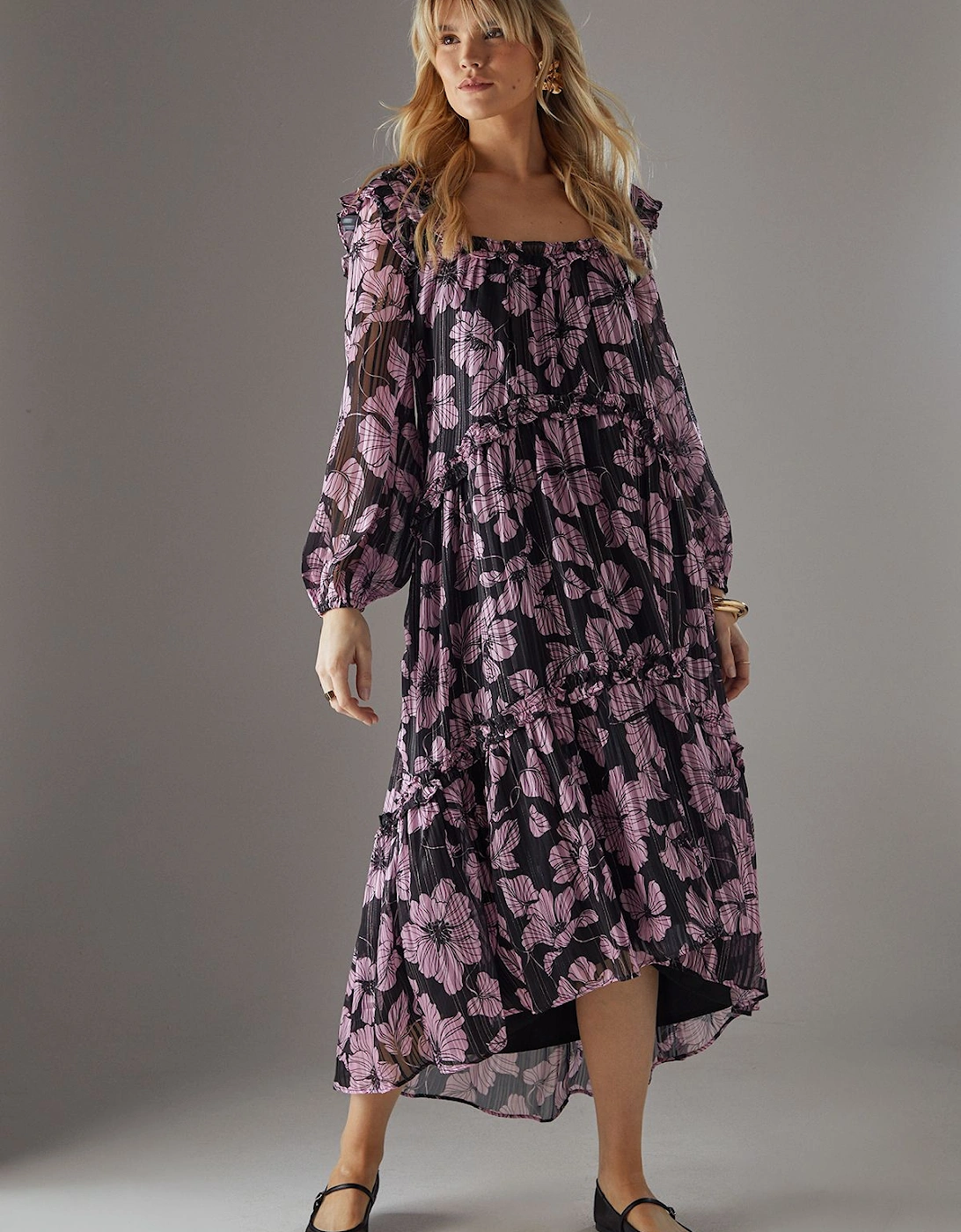 Shadow Stripe Ruffle Square Neck Smock Midi Dress, 2 of 1