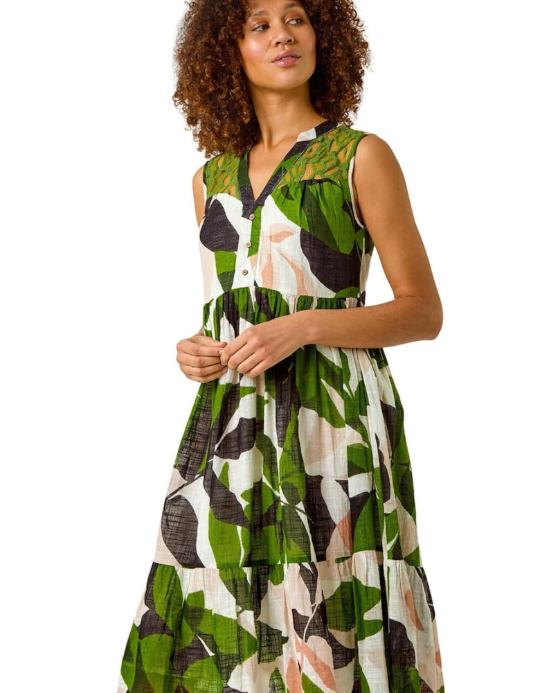 Leaf Print Tiered Smock Midi Dress