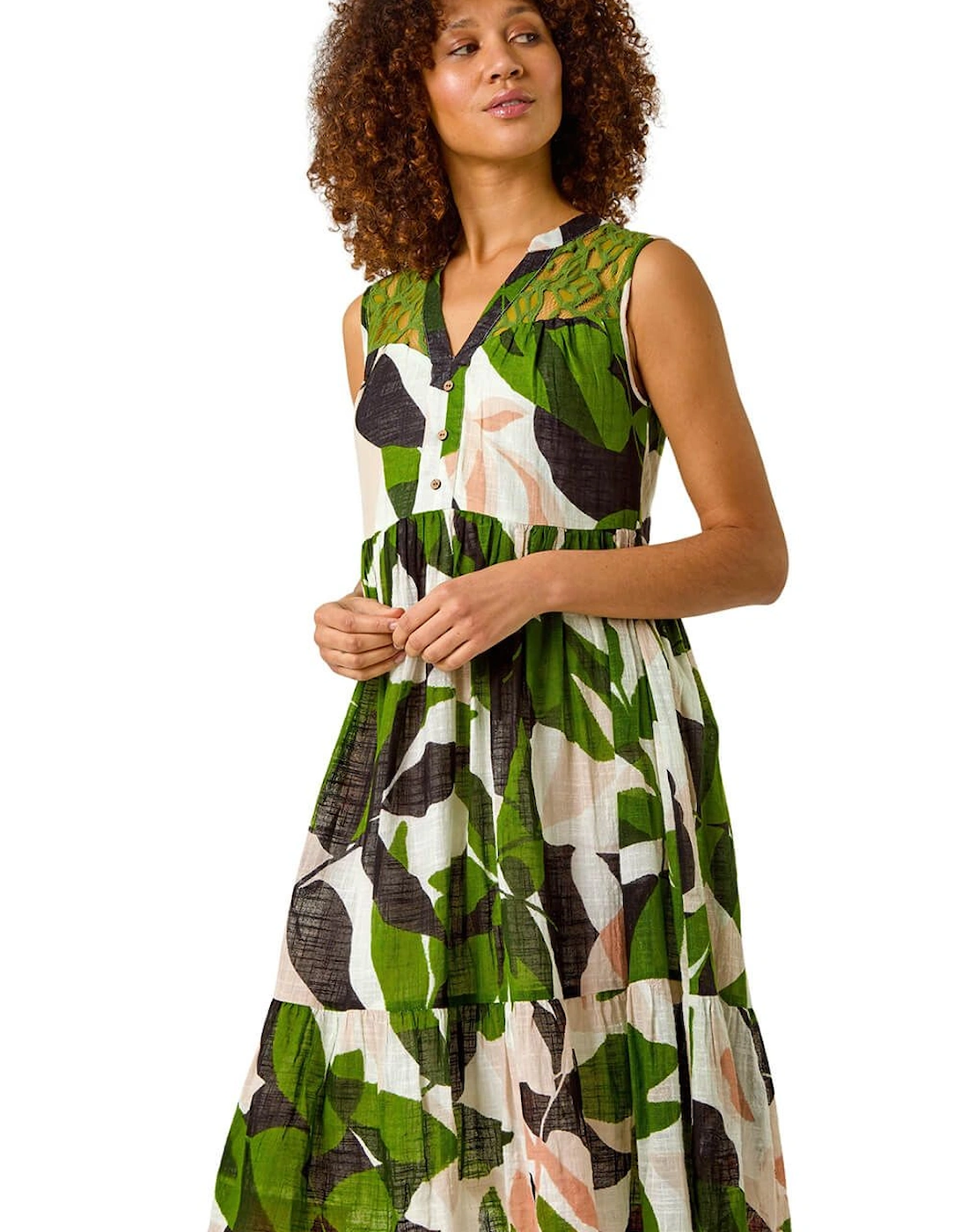 Leaf Print Tiered Smock Midi Dress, 2 of 1