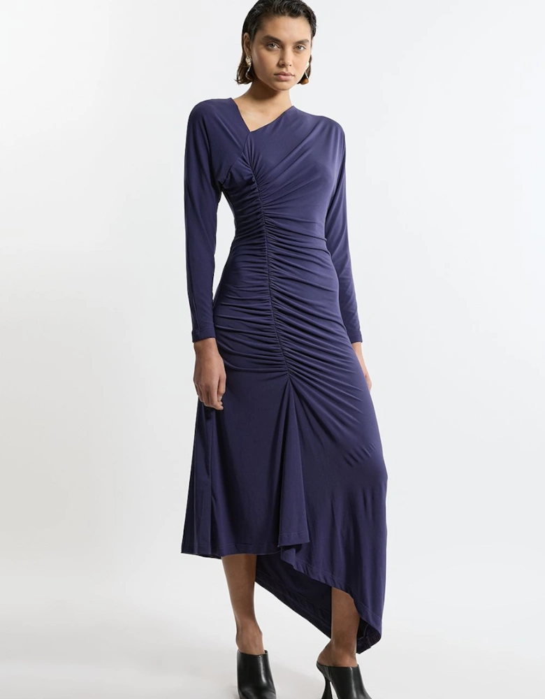 Jersey Crepe Ruched Long Sleeve Maxi Dress