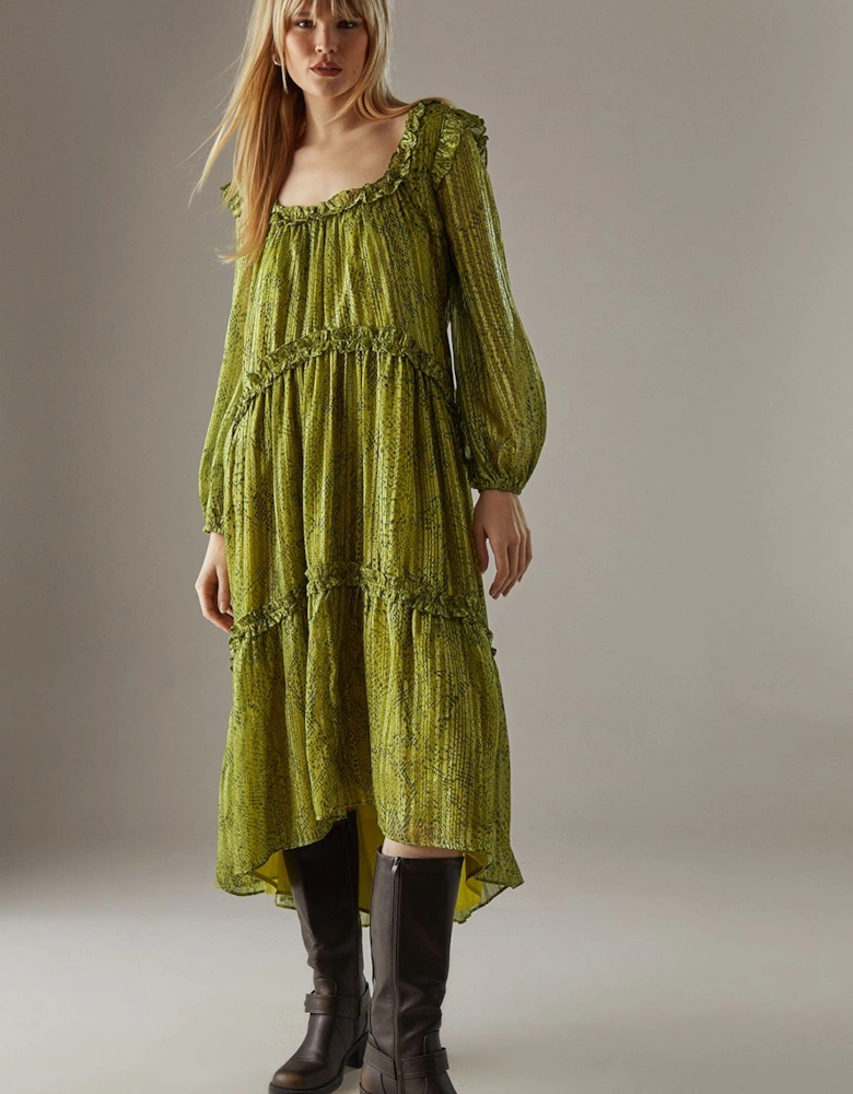 Snake Shadow Stripe Ruffle Square Neck Smock Midi Dress