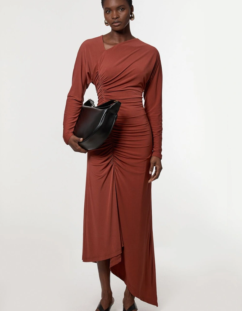 Jersey Crepe Ruched Long Sleeve Maxi Dress