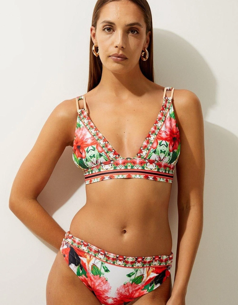 Mirror Floral Print Trim Detail Bikini Top