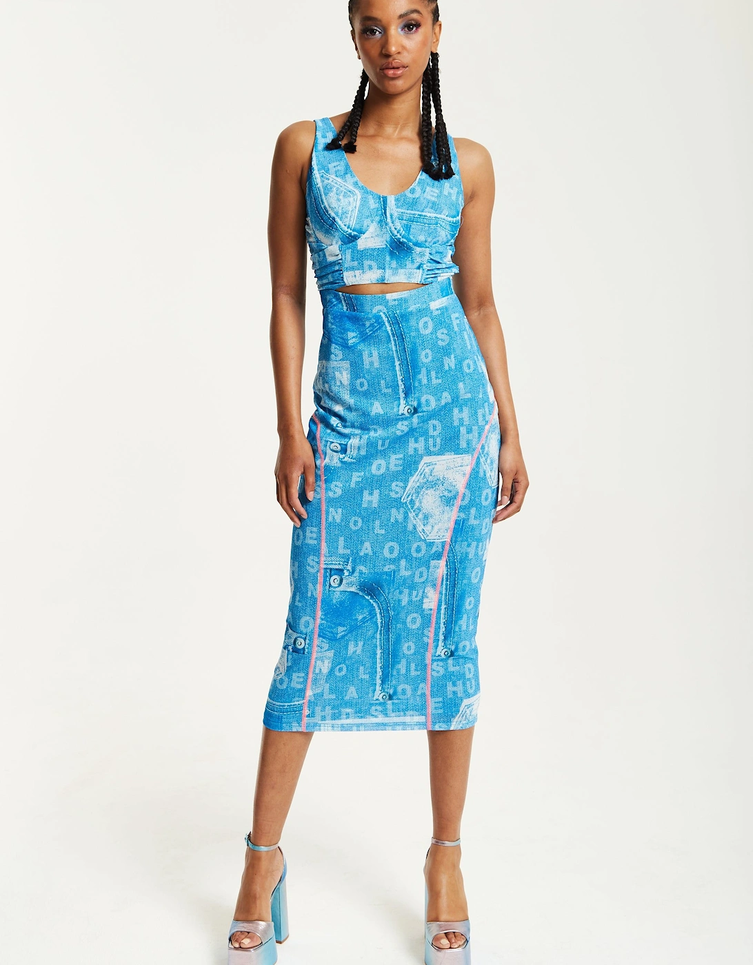 Denim Print Midi Dress With Cut Out, 2 of 1