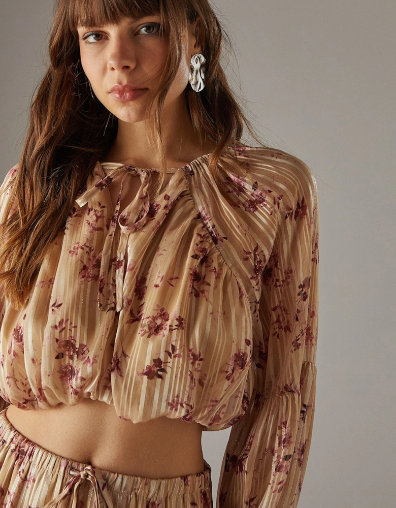 Shadow Stripe Cropped Bubble Hem Boho Blouse