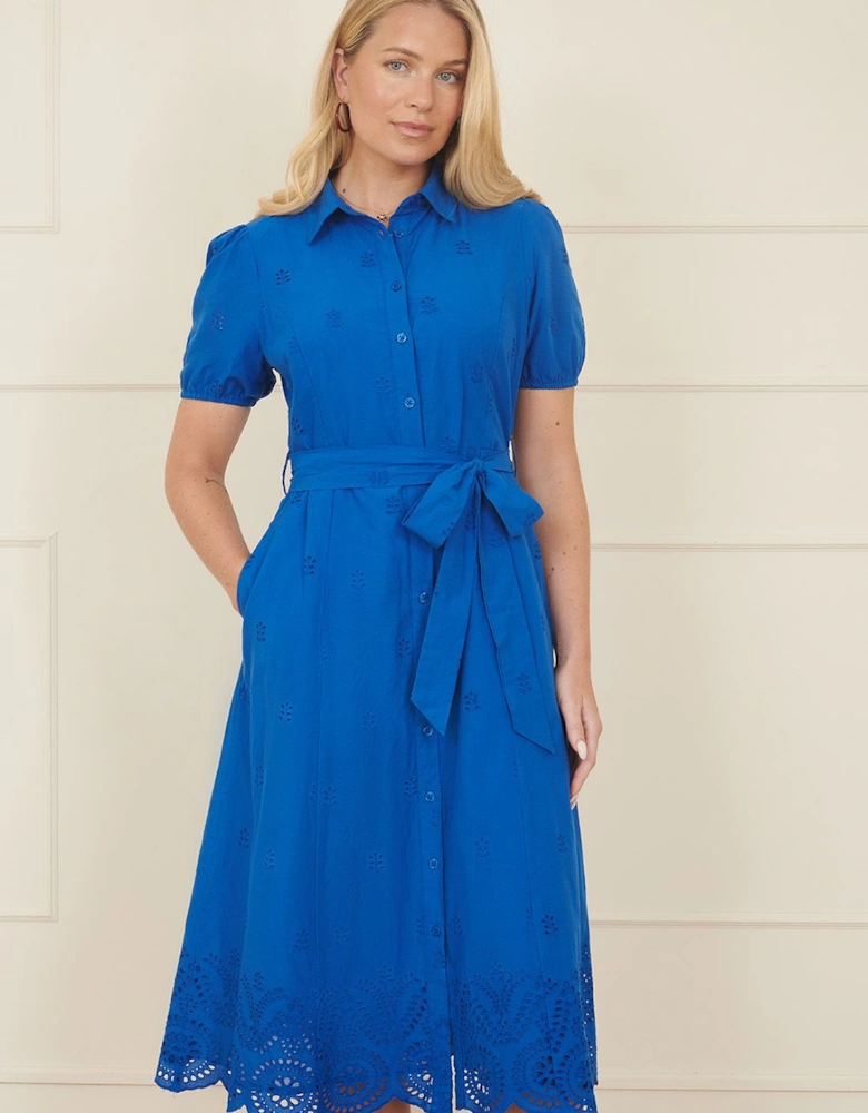 Blue Cotton Shirt Midi Dress With Cut Out Details