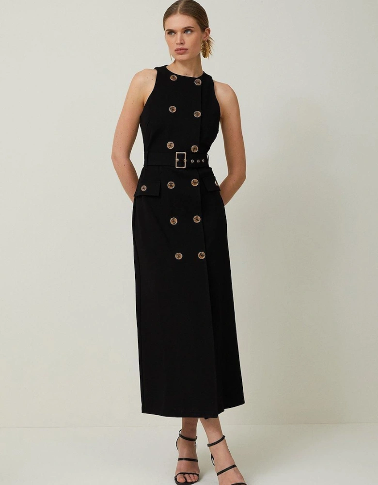 Ponte Button Detail Belted Midi Dress