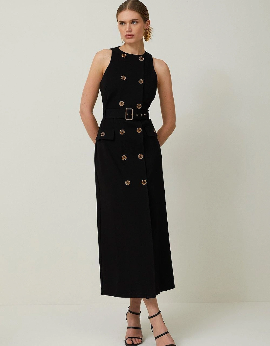 Ponte Button Detail Belted Midi Dress, 2 of 1