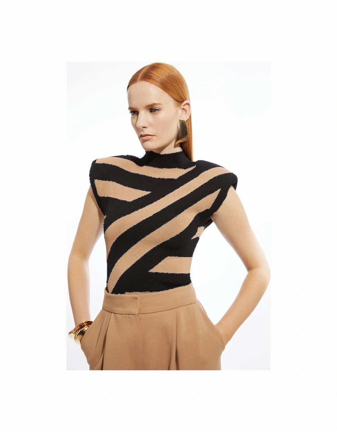 Viscose Blend Jacquard Stripe Power Shoulder Knit Top, 2 of 1