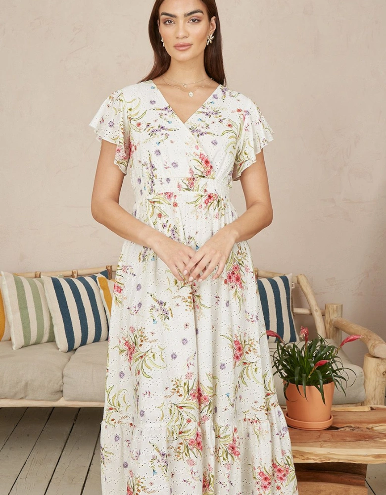 White Floral Broderie Anglaise Wrap Midi Dress