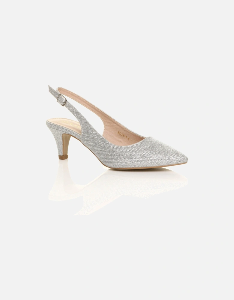 Mid Slim Heel Slingback Pointed Glitter Mesh Court Shoes