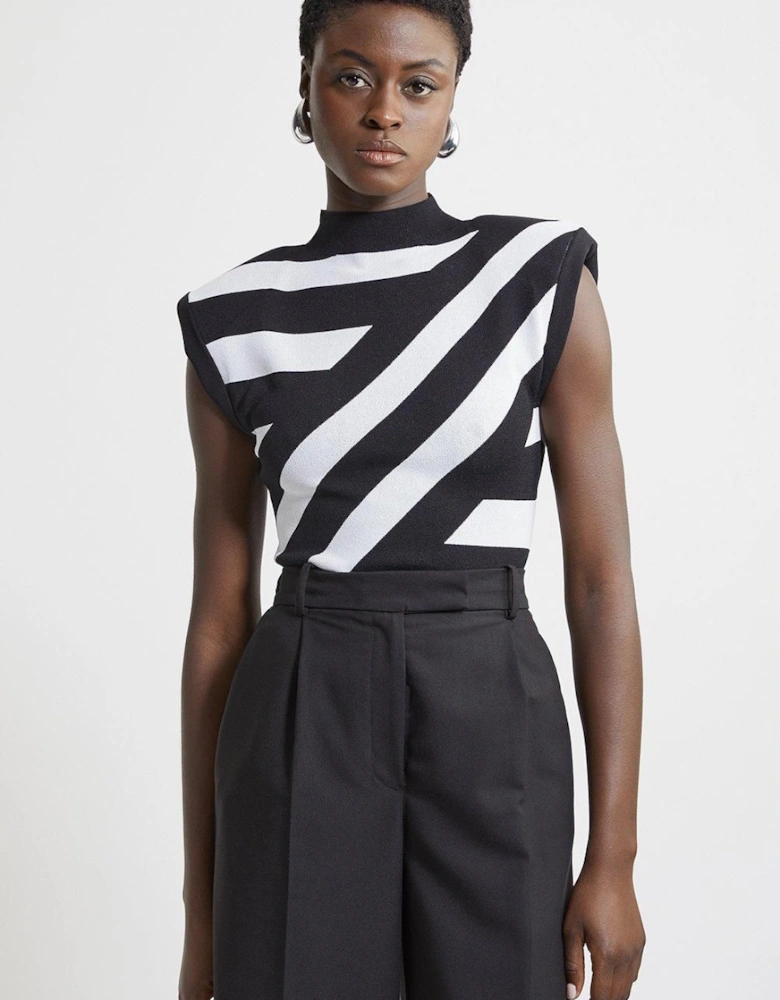 Viscose Blend Jacquard Stripe Power Shoulder Knit Top