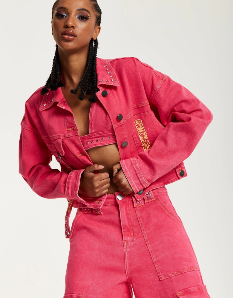 Oversized Hot Pink Denim Jacket With Studs