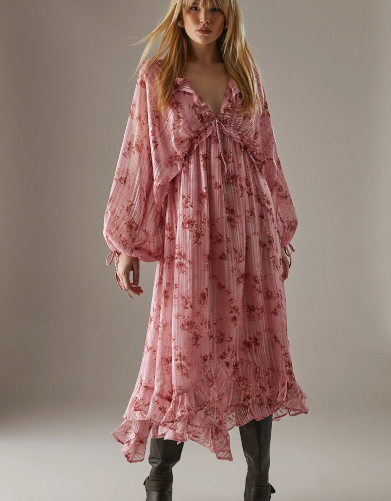 Floral Shadow Stripe Volume Sleeve Hanky Hem Midaxi Dress
