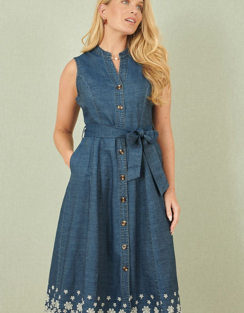 Blue Chambray Cotton Midi Embroidered Shirt Dress