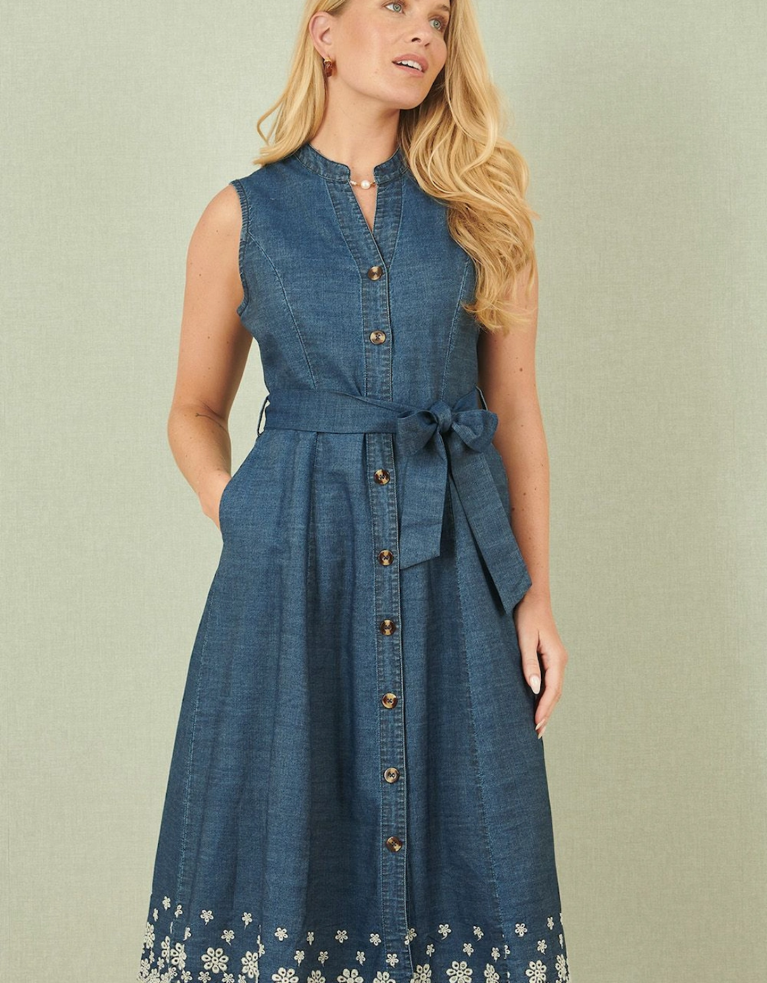 Blue Chambray Cotton Midi Embroidered Shirt Dress, 2 of 1