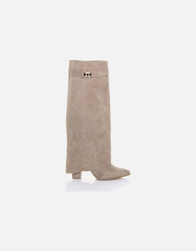 High Block Heel Pointed Toe Fold Over  Knee High Boots