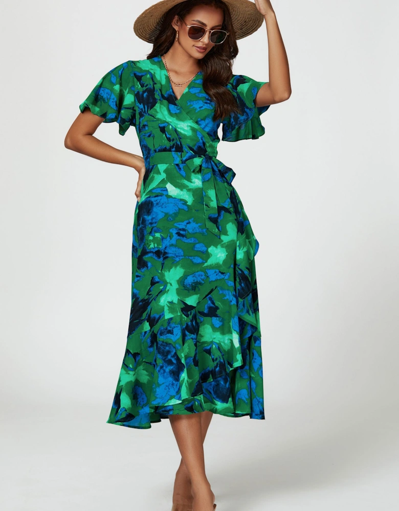 Abstract Print Midi Wrap Dress In Green