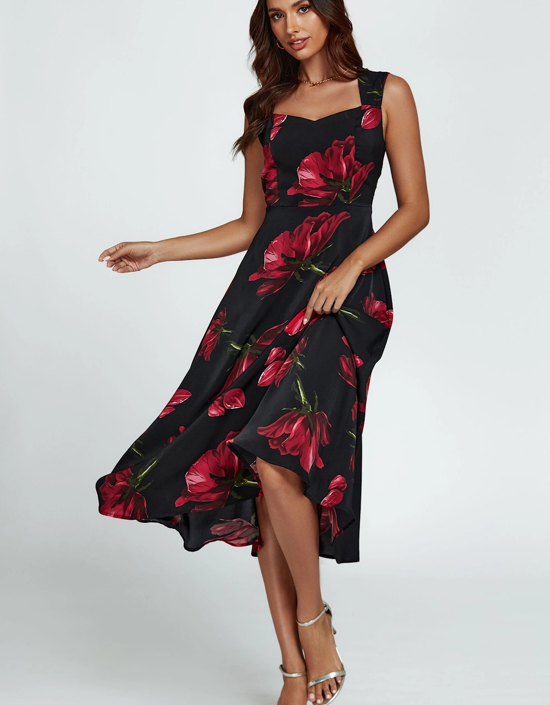 Floral Print Heart Neck Midi Dress In Black, 2 of 1