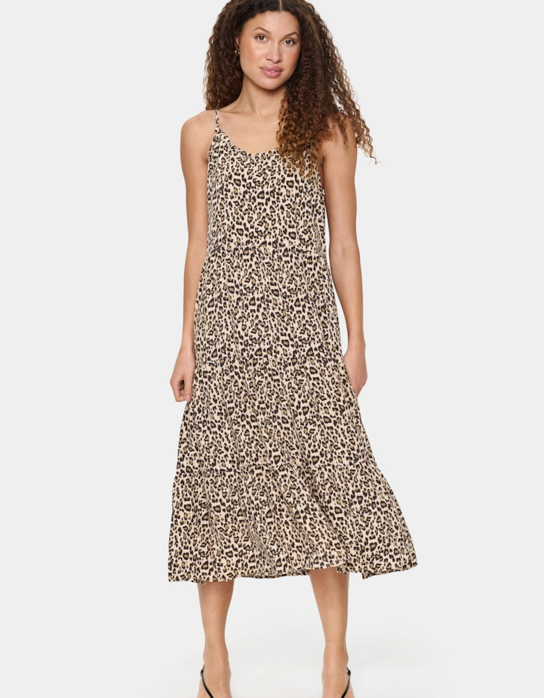 Eda Spaghetti Straps A-line Midi Dress Leopard Print