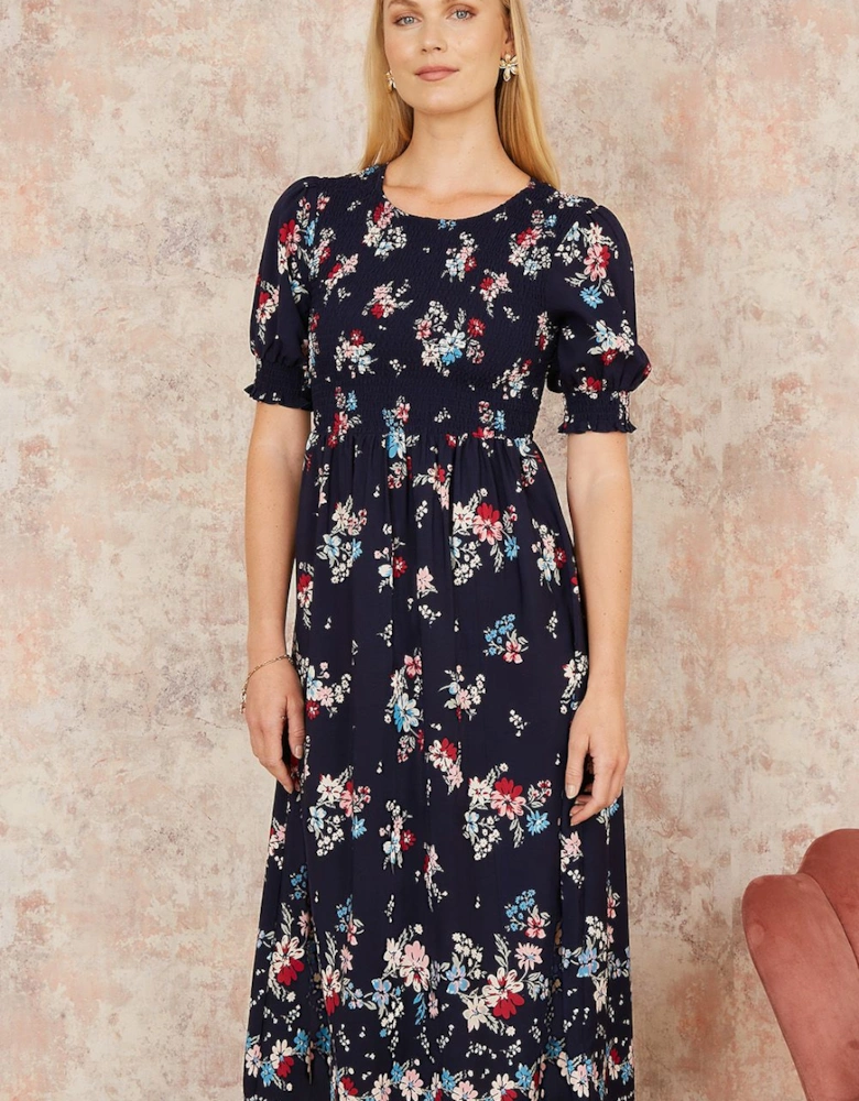 Navy Recycled Floral Ruched Midi Dress With Puff Sleeves