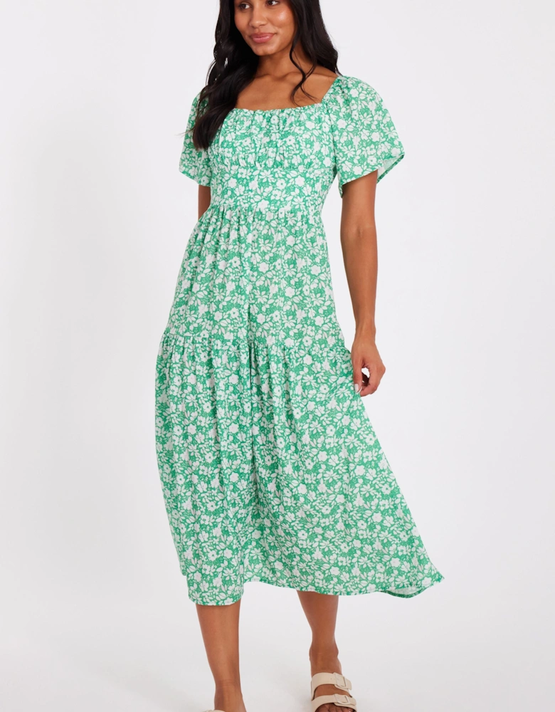 Green Floral Print Midi Dress