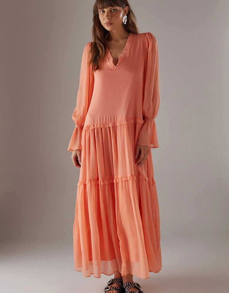 Premium Raw Edge Georgette Tiered Maxi Dress