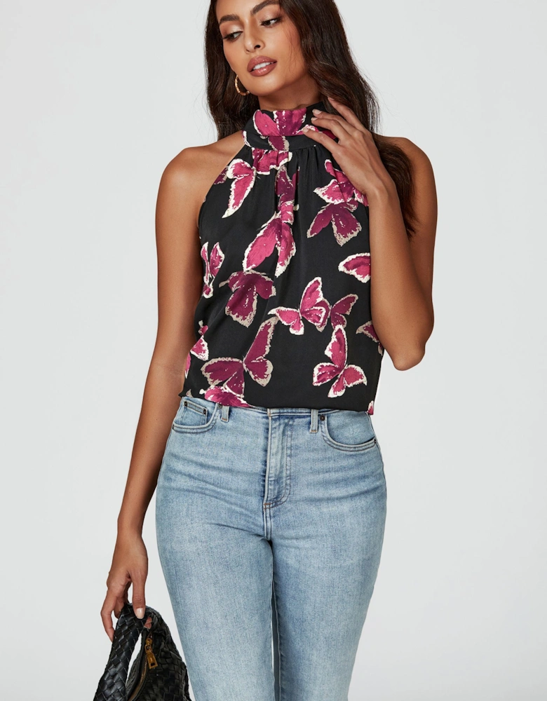 Butterfly Print Halter Neck Tie Back Top In Black