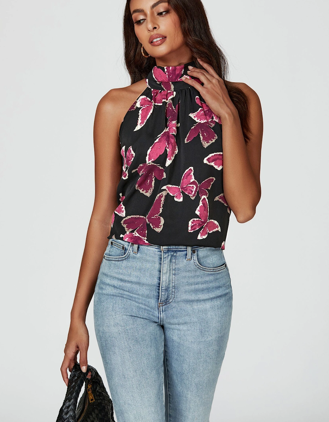 Butterfly Print Halter Neck Tie Back Top In Black, 2 of 1