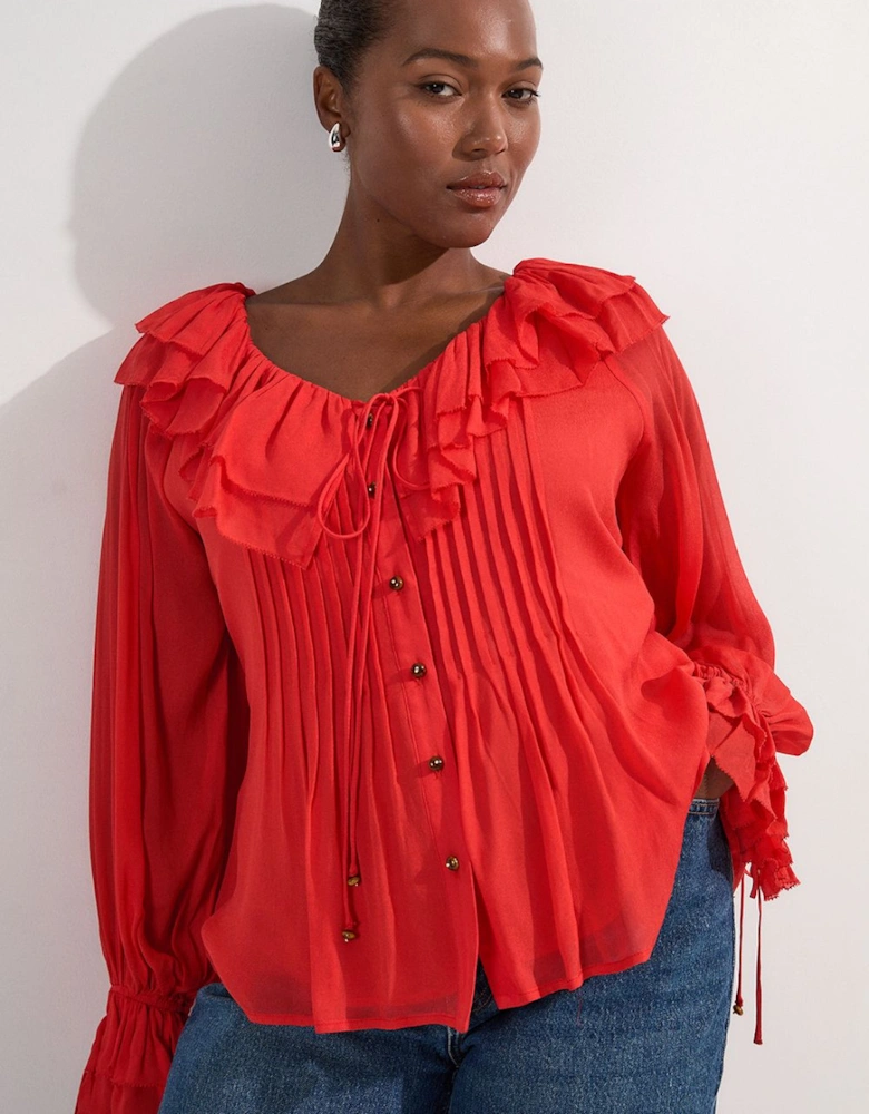 Plus Size Crinkle Viscose Georgette Pin Tuck Detail Ruffle Woven Blouse