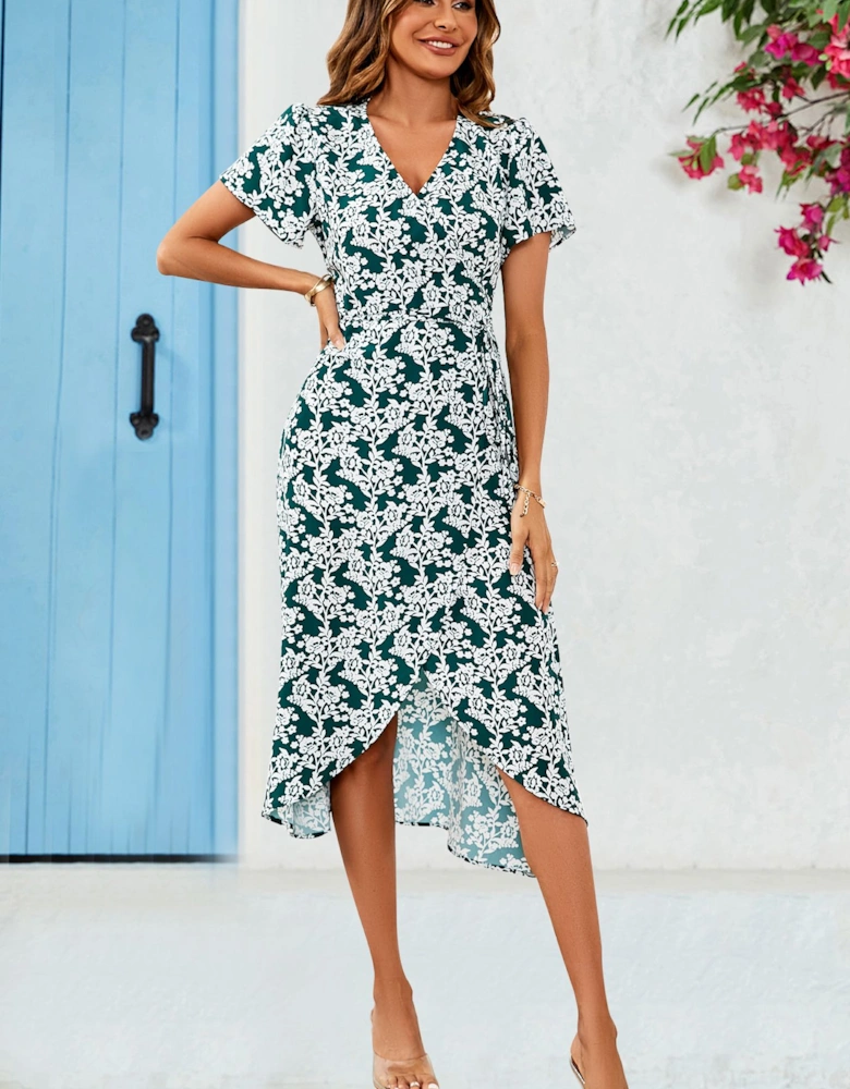 White Floral Print Wrap Midi Dress In Dark Green