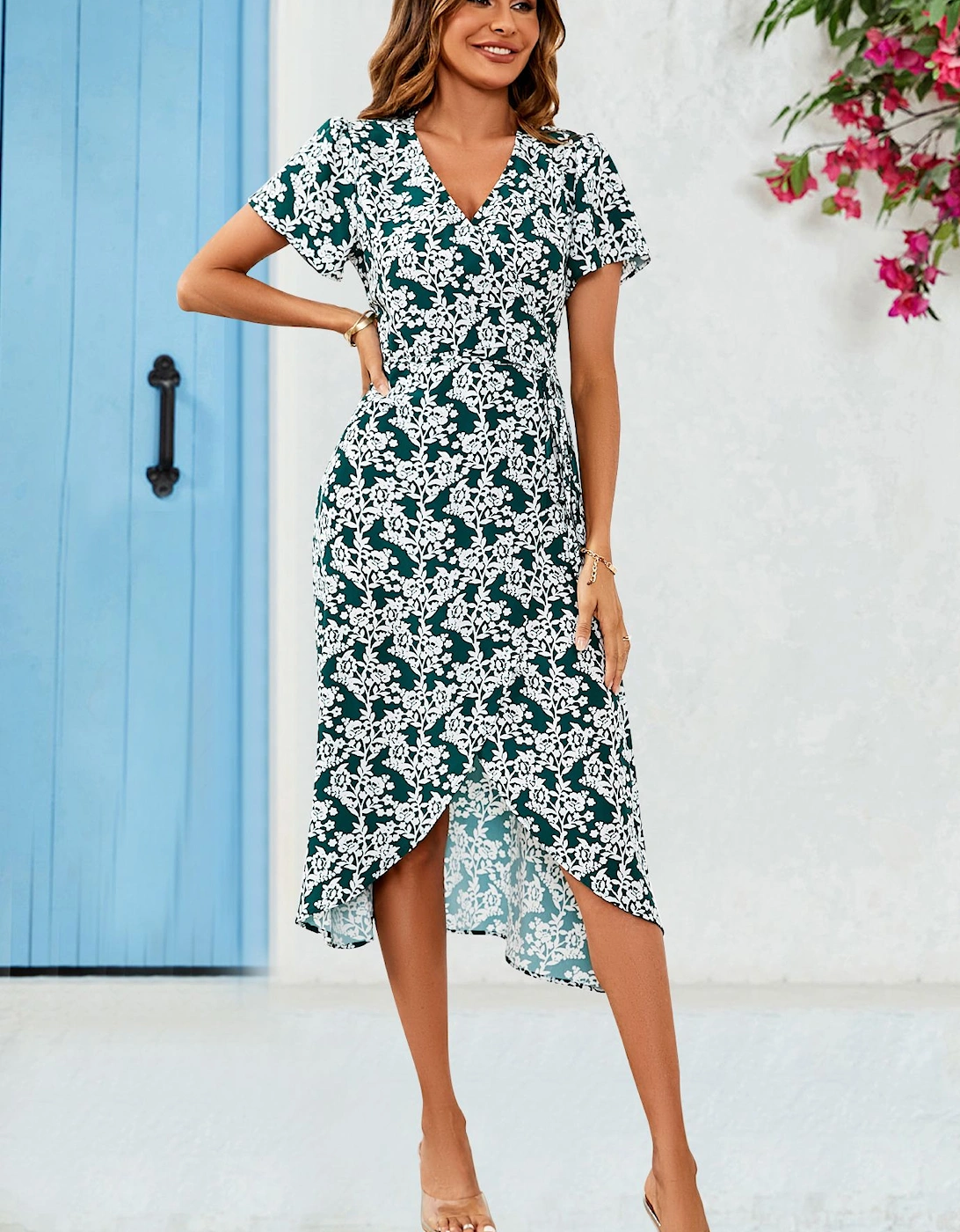 White Floral Print Wrap Midi Dress In Dark Green, 2 of 1