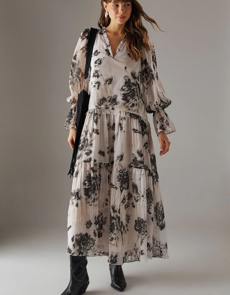 Printed Premium Raw Edge Georgette Tiered Maxi Dress