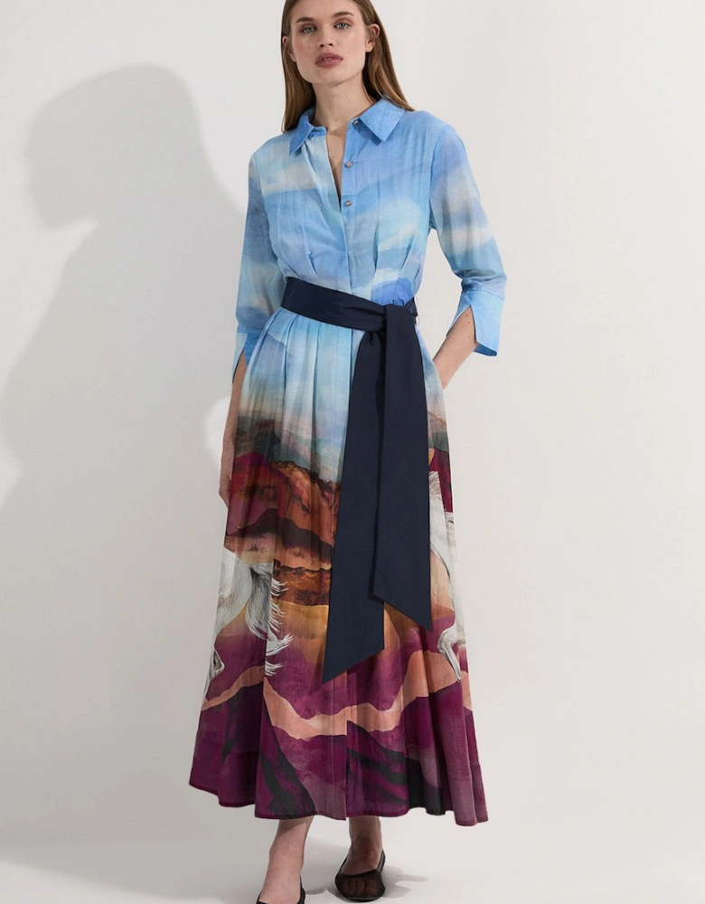 Petite Silk Cotton Stallion Print Woven Belted Maxi Shirt Dress