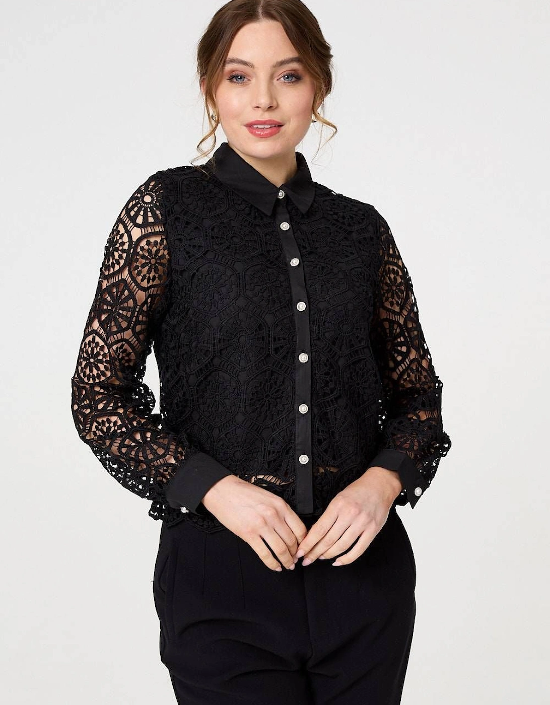 Lace Layer Sheer Sleeve Cropped Shirt, 2 of 1