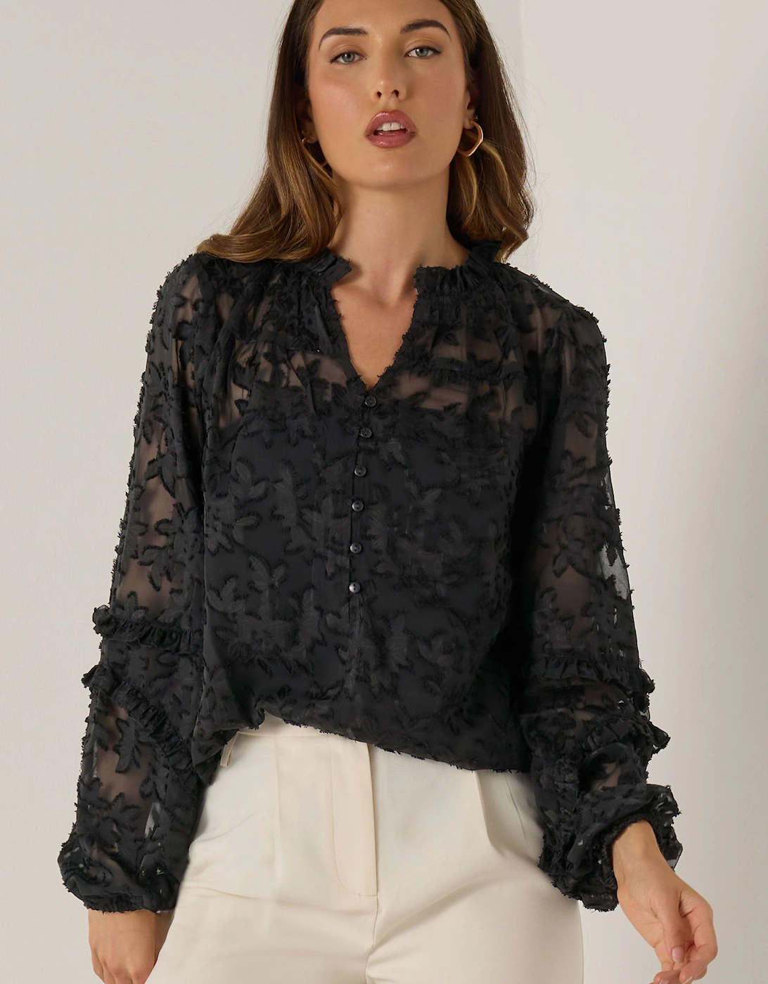 Tall Sheer Jacquard Floral Blouse, 2 of 1