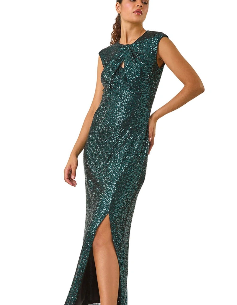 Sequin Twist Front Maxi Stretch Dress