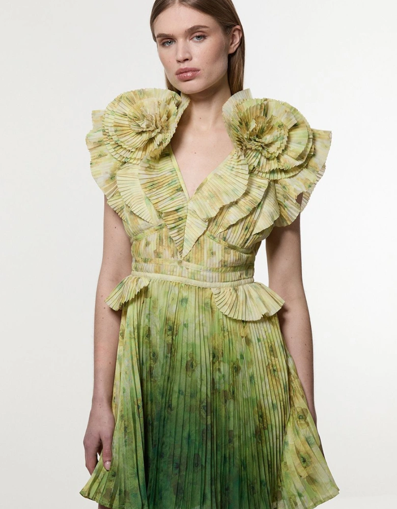 Tall Crinkle Pleat Border Print Mini Dress With Rosette Detail