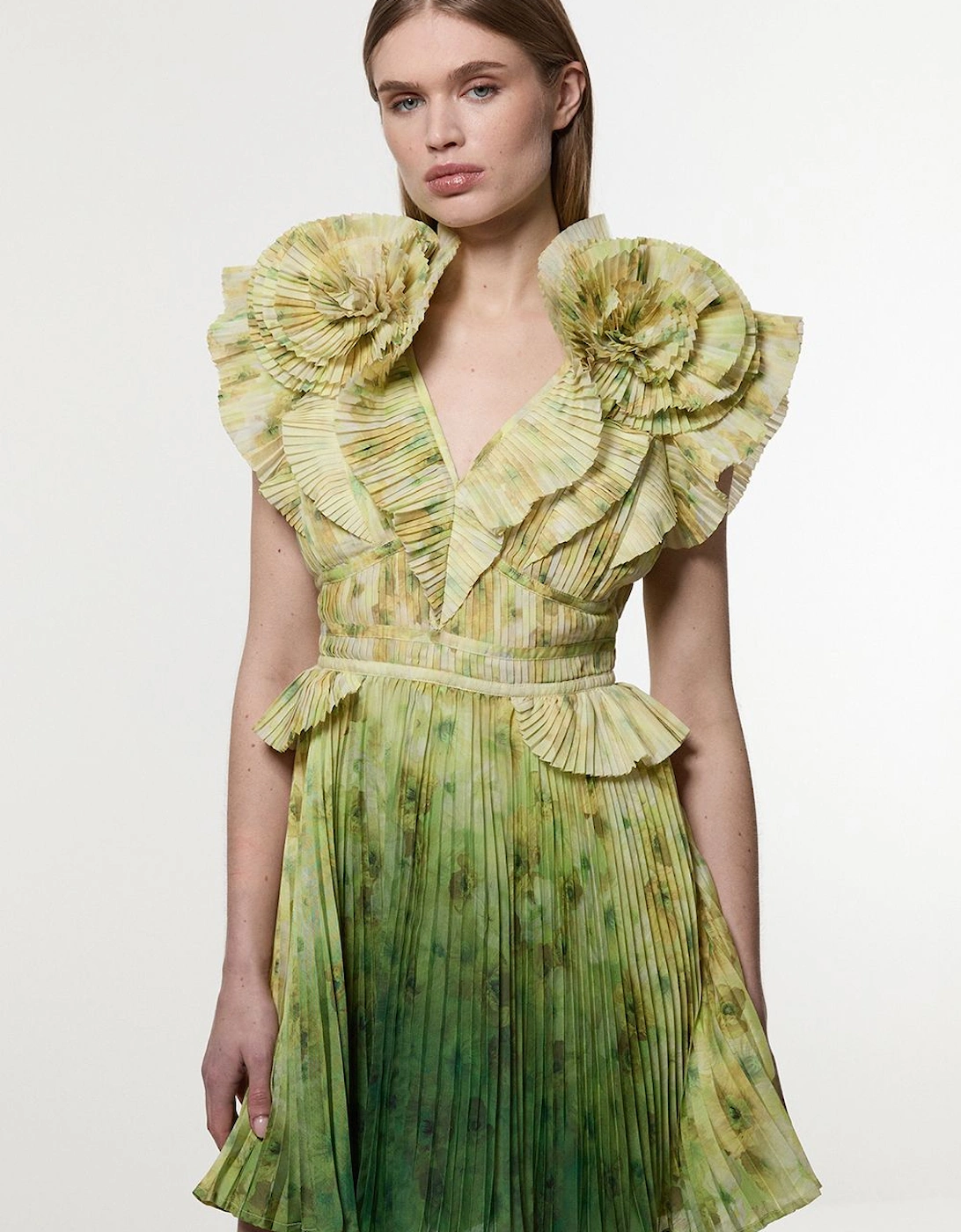 Tall Crinkle Pleat Border Print Mini Dress With Rosette Detail, 2 of 1