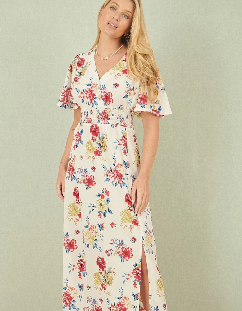 White Floral Recycled Fabric Ruched Waist Midi Dress