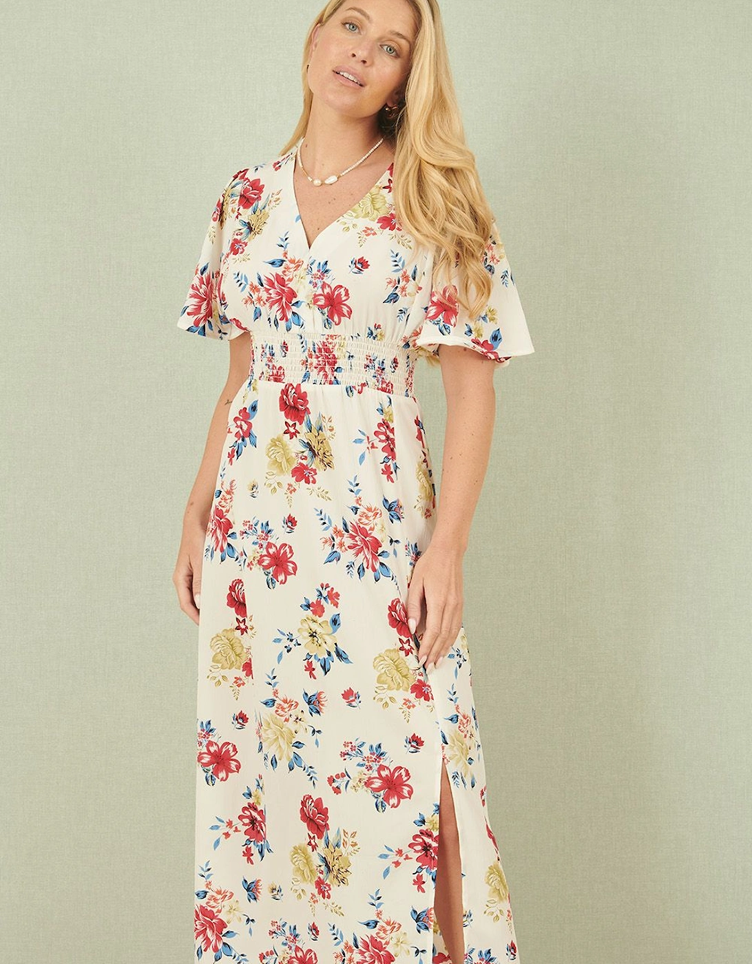 White Floral Recycled Fabric Ruched Waist Midi Dress, 2 of 1