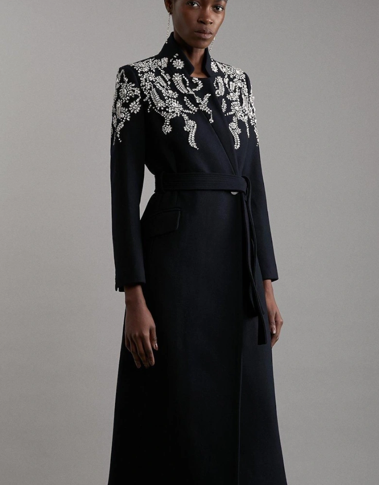 Tailored Wool Embellished Double Breasted Midi Coat